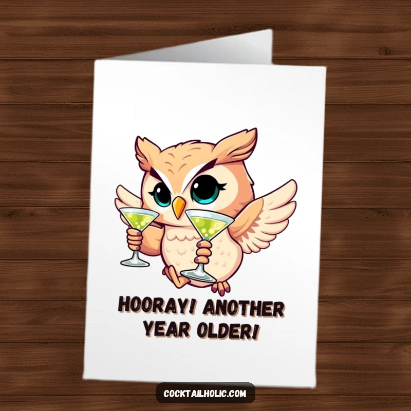 Funny Free Printable Owl Birthday Card: A winking owl with a martini glass soars, ready to celebrate.