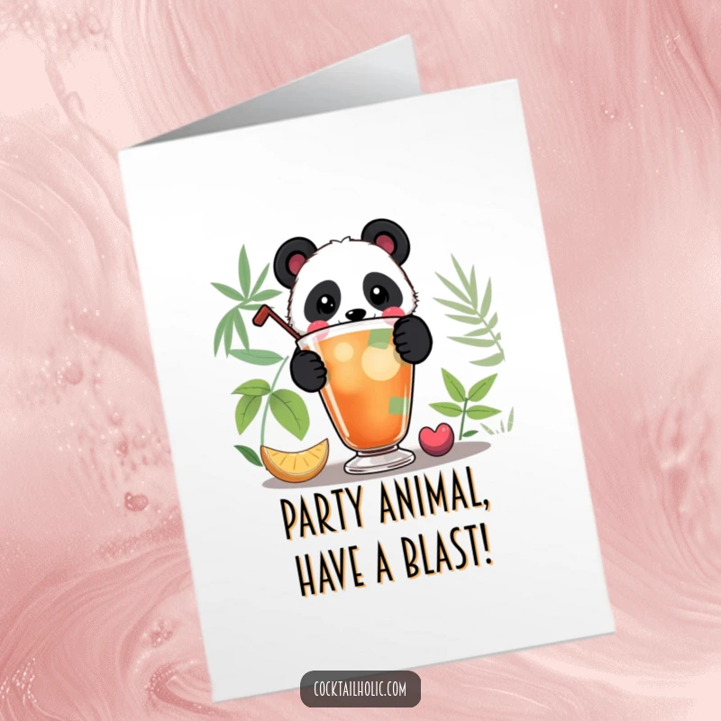 Funny Free Printable Birthday Card: Playful panda peeking over a huge, colorful cocktail, ready to party.