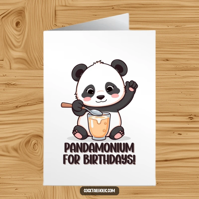 Funny Free Printable Birthday Card: Playful panda bear with a giant spoon spills a little while mixing a drink.