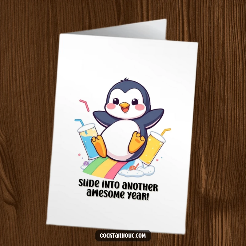 Funny Free Printable Penguin Birthday Card: Cheerful penguin slides down a vibrant rainbow of bubbly drinks, ready to party.