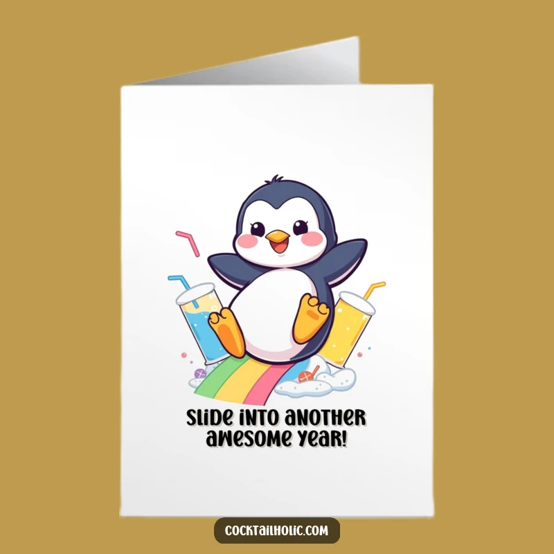 Free Printable Penguin Birthday Card: Funny Sliding Rainbow Drinks Downloadable Gift
