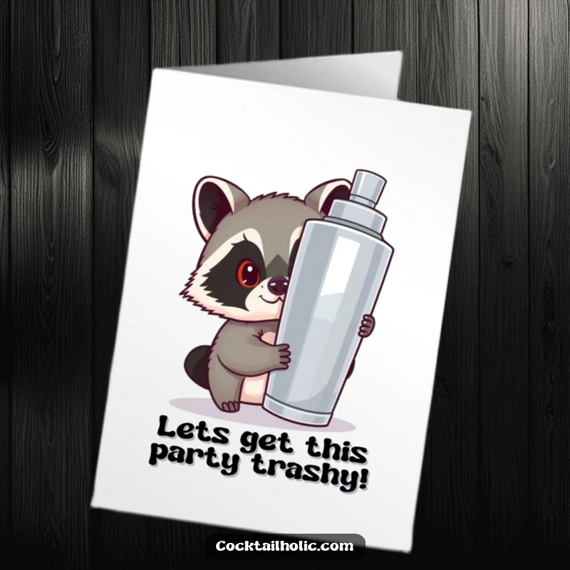 Funny Free Printable birthday card with a mischievous raccoon peeking behind a giant cocktail shaker.