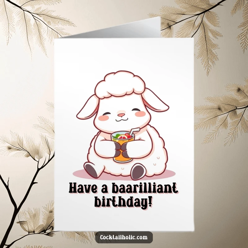 Funny Free Printable Birthday Card: Contented sheep relaxing peacefully with a small, fruity beverage, looking serene.