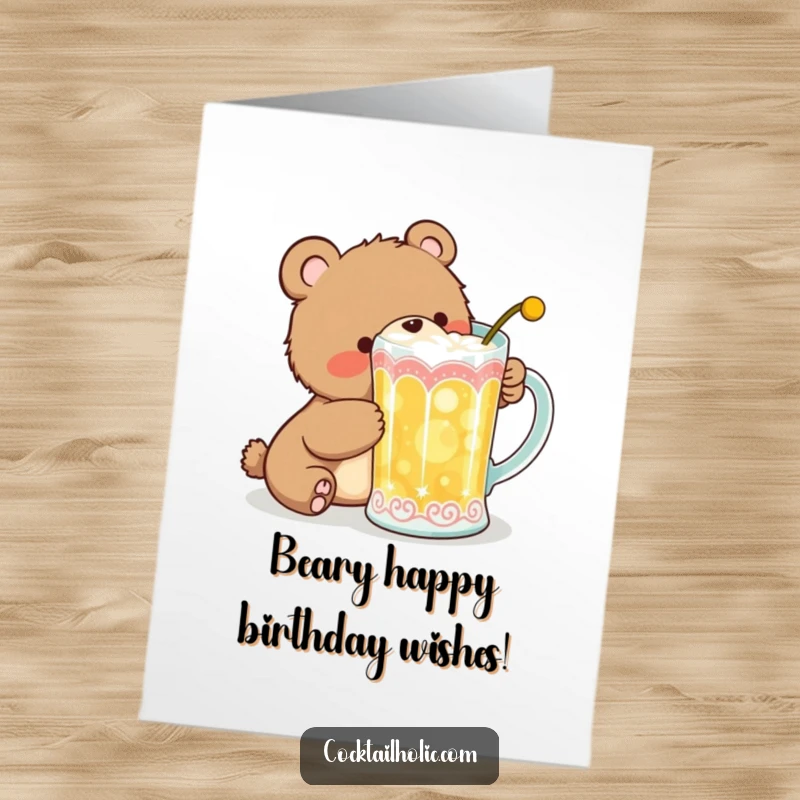 Funny Free Printable Birthday Card: A giggling bear cub trying to sneak a sip from a big cocktail mug.
