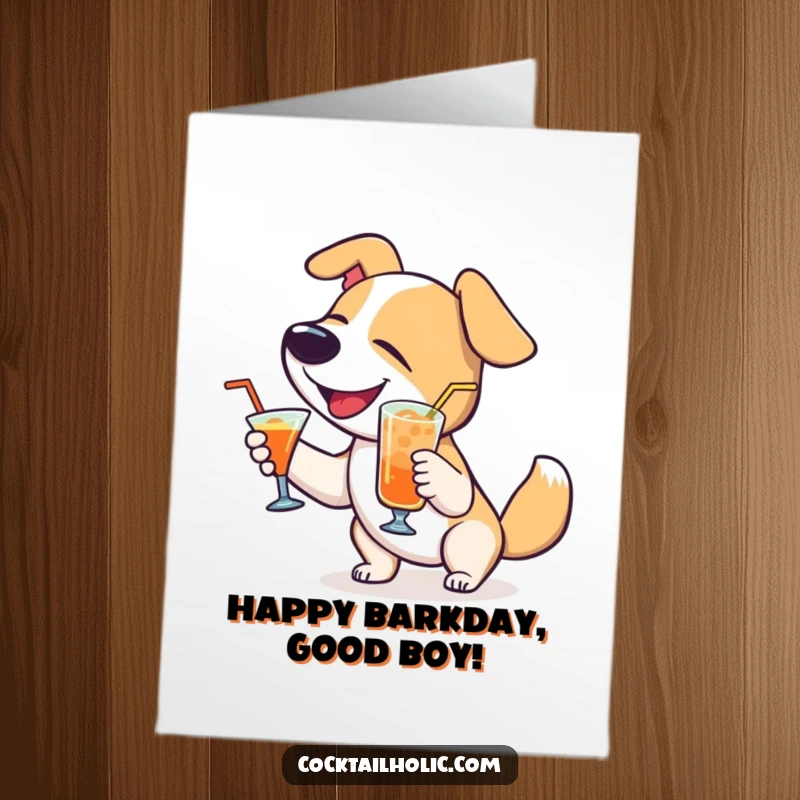 Funny Free Printable Birthday Card: Delighted dog wagging its tail enthusiastically, holding a colorful cocktail.