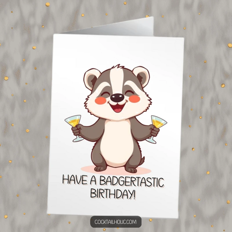 Funny free printable birthday card: a smiling badger expertly juggles three tiny cocktail glasses, ready to party.