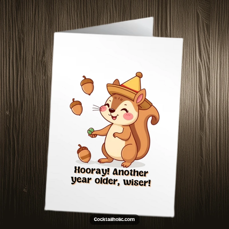 Funny Free Printable Squirrel Birthday Card: A cheerful squirrel in a tiny sombrero juggles acorns, ready to party.