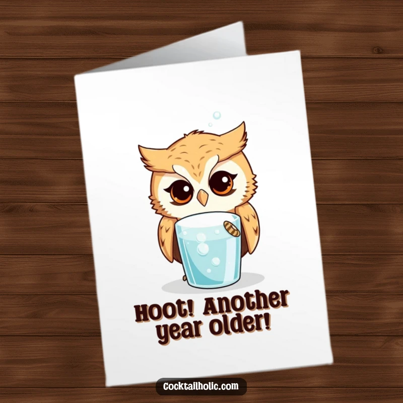 Funny Free Printable Birthday Card: Curious owl intensely staring at a bubbling, mysterious drink, full of wonder.