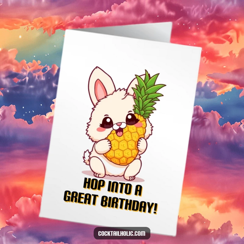 Funny Free Printable Birthday Card: Fluffy bunny with big, excited eyes gleefully holding a dynamically twirling pineapple.