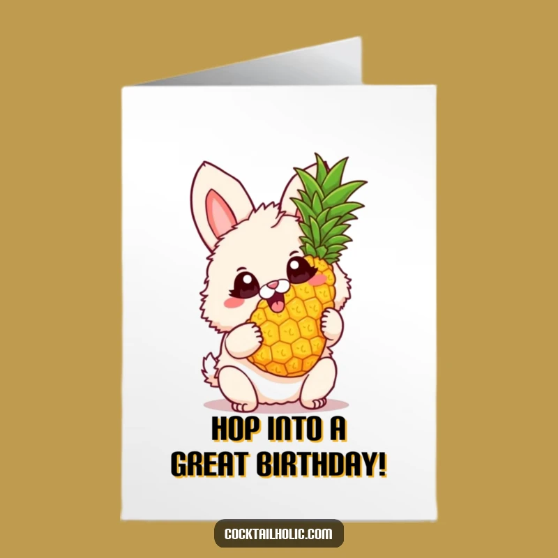 Free Printable Birthday Card: Excited Bunny with Pineapple! Fun Downloadable Joy