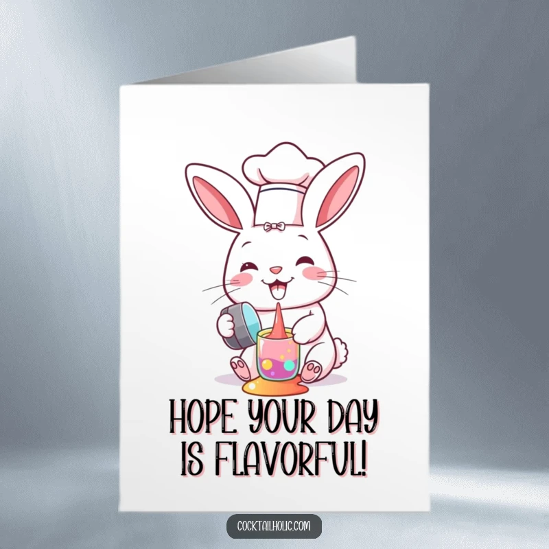Funny Free Printable Birthday Card: Cheerful bunny chef in tiny hat humorously spills colorful liquid from a shaker.
