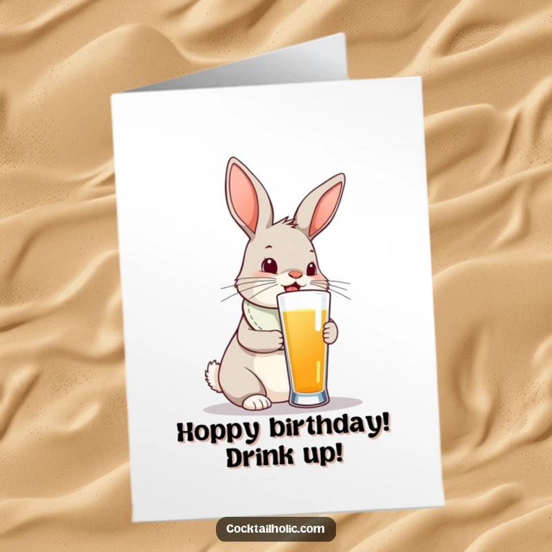 Funny Free Printable Birthday Card: A curious bunny in a bib attempts to drink from a very tall glass.