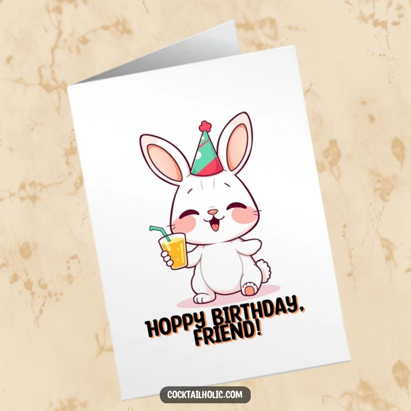 Funny free printable birthday card: a giggling bunny in a party hat sips a drink, ready for fun.