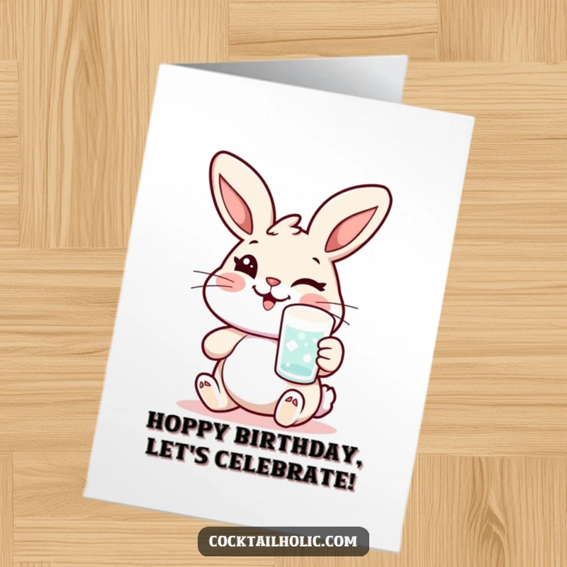 Funny Free Printable Birthday Card: Cheerful rabbit winking while holding a frosted glass, wishing a happy birthday with a sly grin.