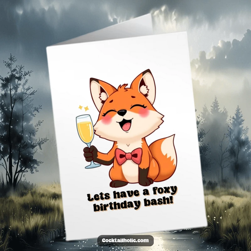 Funny Free Printable Birthday Card: A giggling fox in a bow tie raises a tiny champagne flute, toasting your birthday with joy.