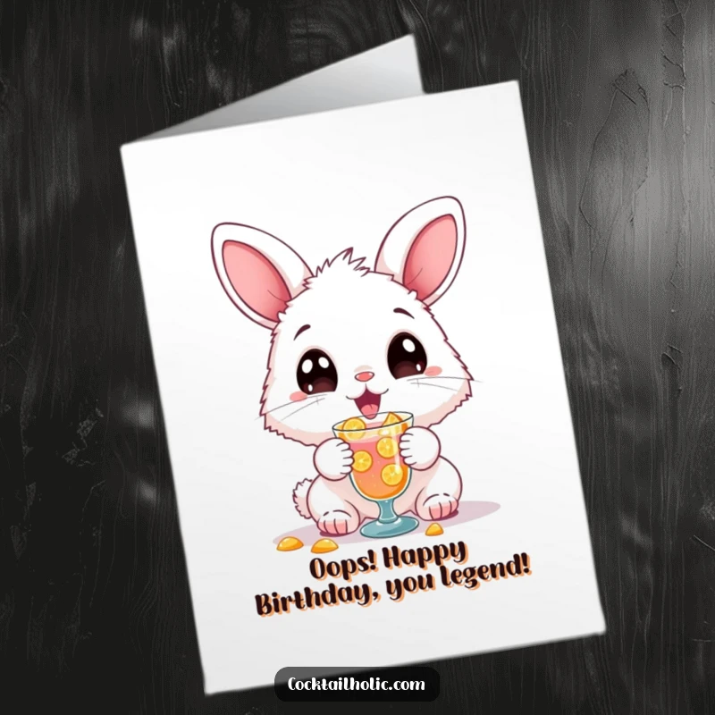 Funny Free Printable Bunny Birthday Card: A fluffy bunny with huge eyes joyfully spills a cocktail, perfect for a laugh.