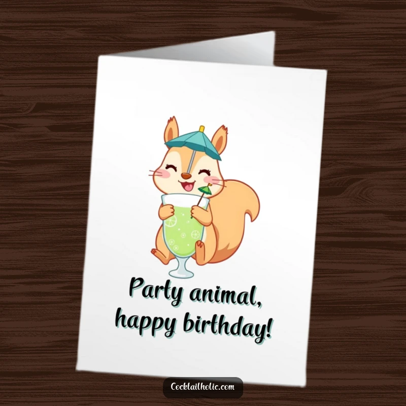 Funny Free Printable birthday card of a happy squirrel with a drink umbrella, jumping with excitement.