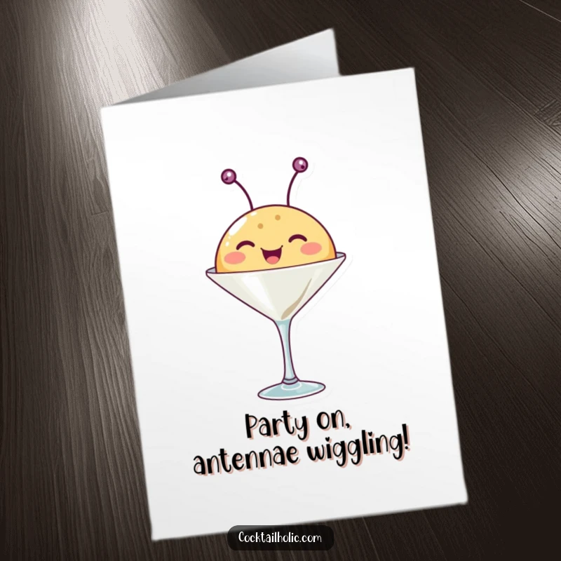 Funny Free Printable Birthday Card: Happy round creature with wiggling antennae peeks from a martini glass, ready to party.