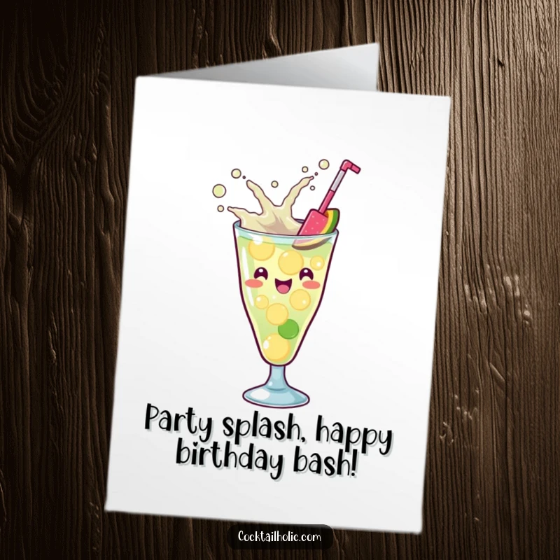 Funny free printable birthday card: a kawaii cocktail glass joyfully splashing while mixing ingredients, ready to party.