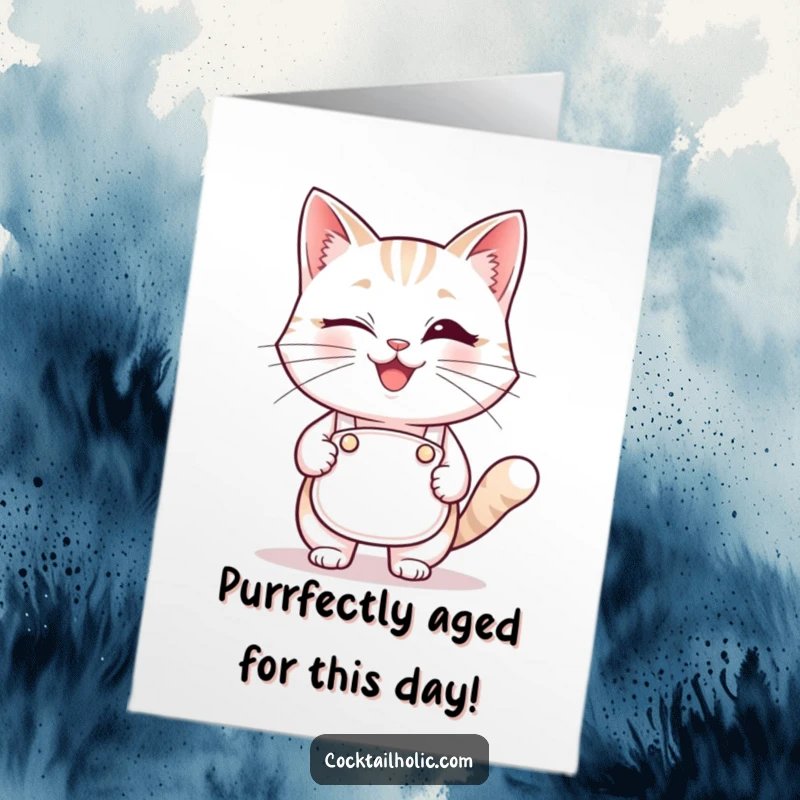 Funny Free Printable Birthday Card: Smiling cat in a tiny bartender apron winks, ready to celebrate.