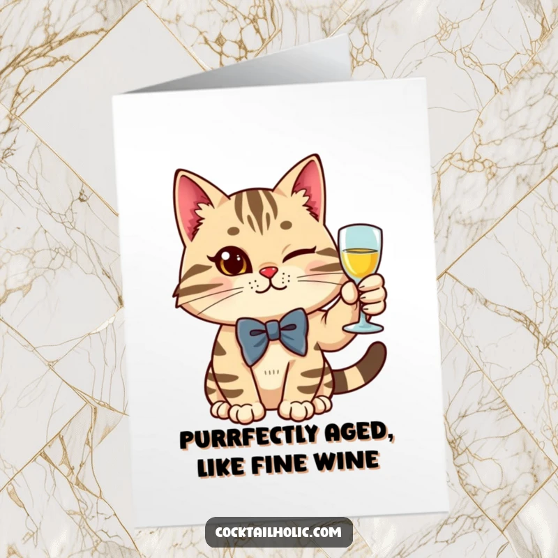 Funny Free Printable Birthday Card: A stylish cat in a bow tie winks while raising a glass.
