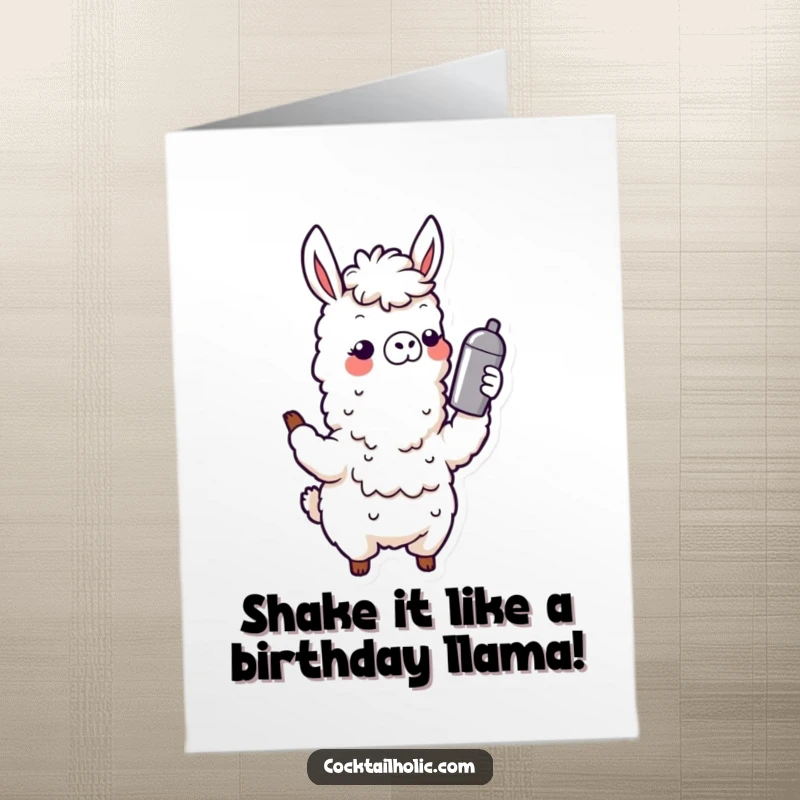 Funny Free Printable Birthday Card: A wobbly llama excitedly shaking a cocktail shaker with a party expression, ready for celebration.