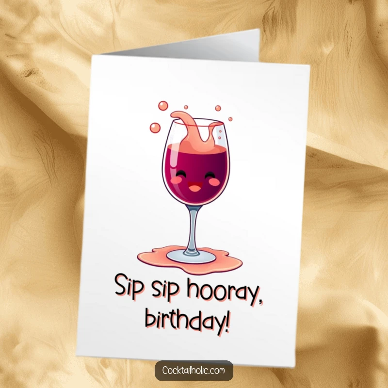 Funny Free Printable Birthday Card of a happy wine glass with a bubbly overflow spilling its contents with pure glee.