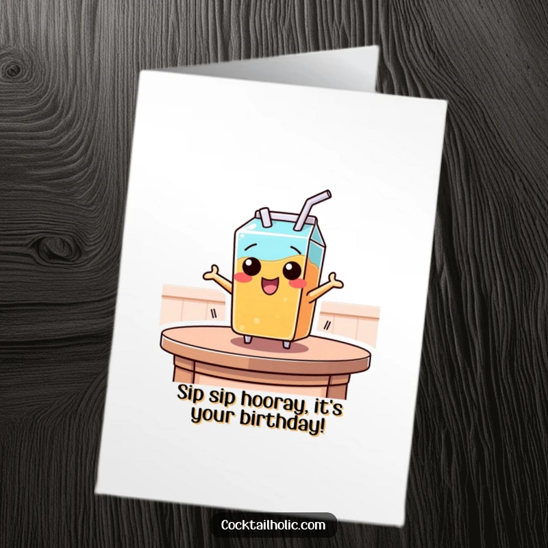 Funny Free Printable Birthday Card: A mischievous juice box with a straw leaping energetically from a table. Playful celebration.