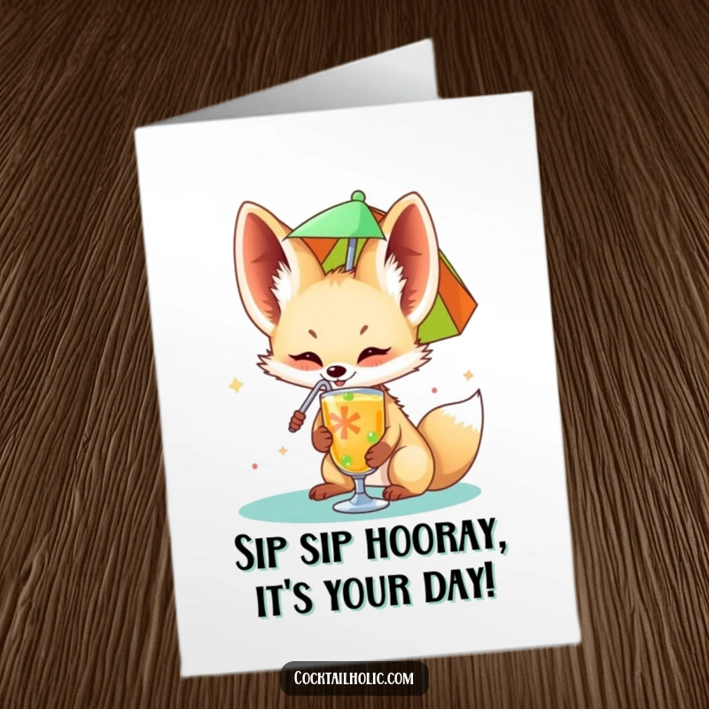 Funny Free Printable Birthday Card: Fennec fox happily sips from a colorful drink umbrella, enjoying the day.