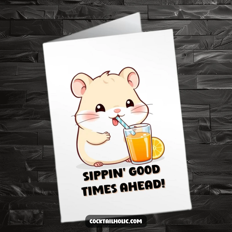 Funny Free Printable Birthday Card: Happy hamster slurping from a colorful drink with a tiny straw, spreading birthday cheer.