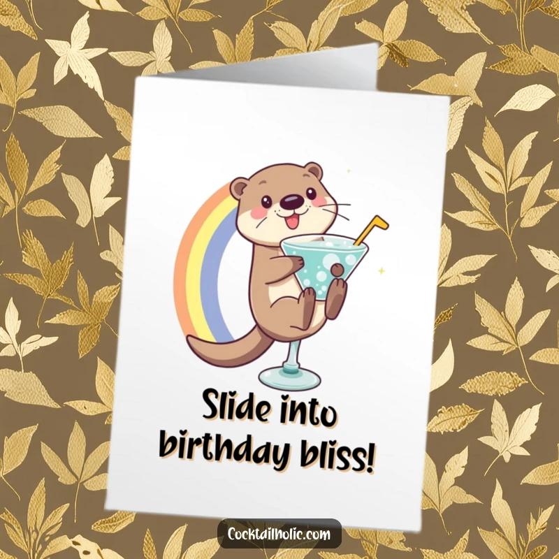 Funny Free Printable Birthday Card: Playful otter sliding down a rainbow into a bubbly drink, celebrating with pure delight.