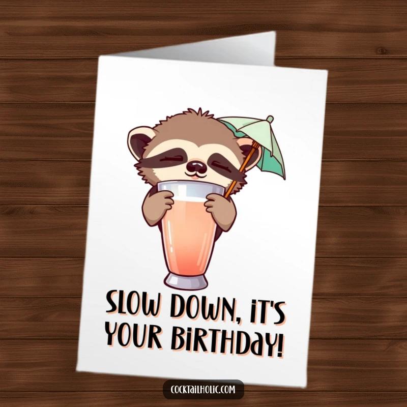 Funny Free Printable Birthday Card: Sleepy sloth peeking from behind a shaker, holding a tiny umbrella, wishing slow fun.