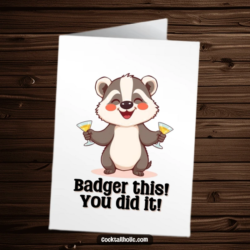 Funny free printable congratulations card: a happy badger juggles cocktails, celebrating a big win with skill.