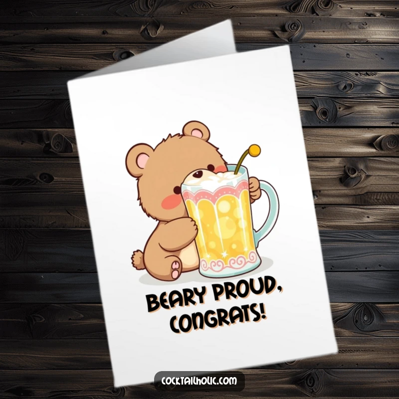 Funny Free Printable Congratulations Card: A bear cub sneakily sipping from a large decorative cocktail mug.