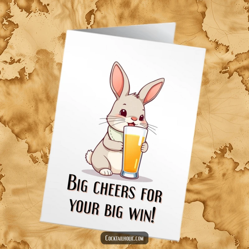 Funny Free Printable Congratulations Card: A curious bunny wearing a bib tries to sip from an extremely tall drink.