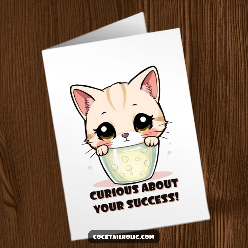 Funny Free Printable Congratulations Card: A curious cat with wide eyes gazes into a bubbling drink, celebrating success with intrigue.