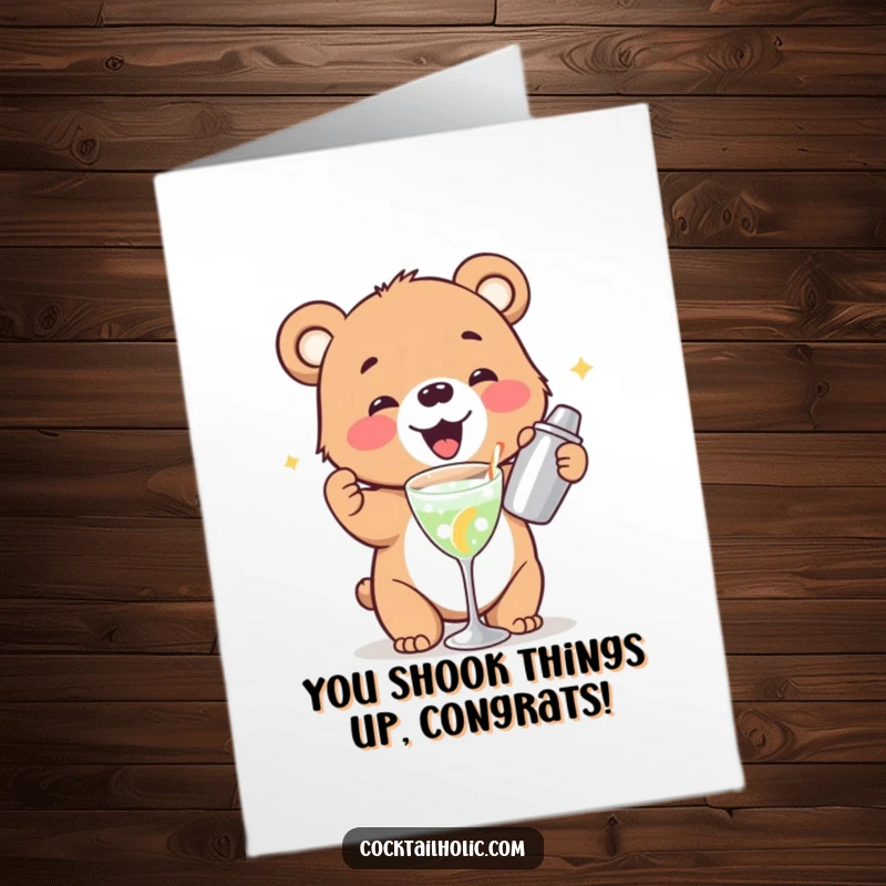 Funny Free Printable Congratulations Card: Adorable bear cub gleefully shaking a cocktail shaker to celebrate.