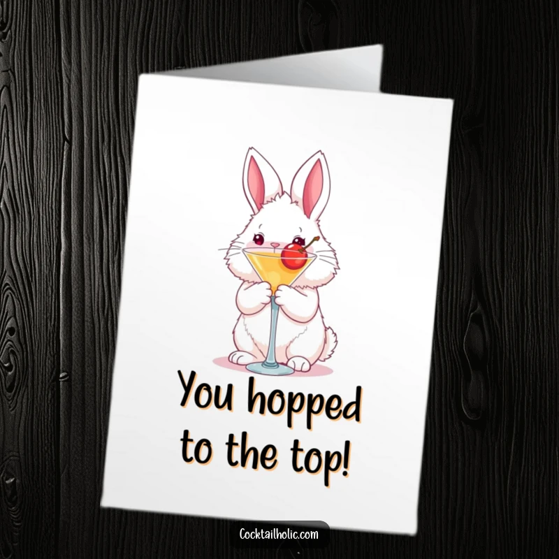 Funny Free Printable Congratulations Card: Fluffy bunny holding a martini with a cherry, celebrating your win.