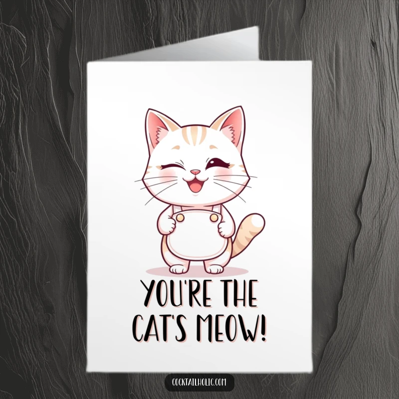 Funny Free Printable Congratulations Card: A smiling cat in a tiny bartender apron winks, celebrating your win.