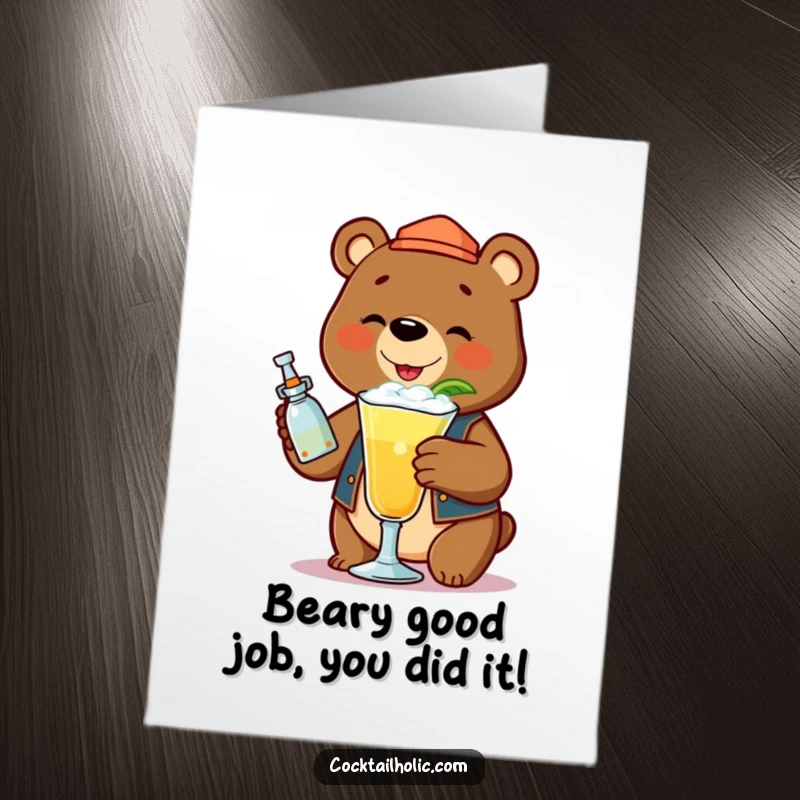 Funny Free Printable Congratulations Card: Bear bartender happily shaking a cocktail with lots of froth, celebrating success.