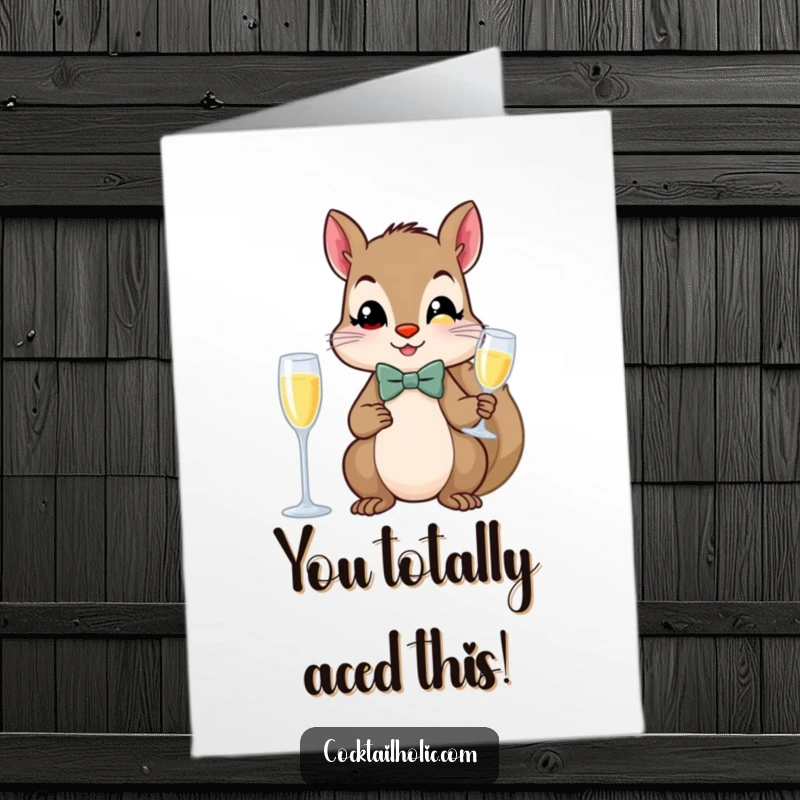 Funny Free Printable Congratulations Card: Squirrel wearing a bow tie holding a champagne flute, celebrating success.
