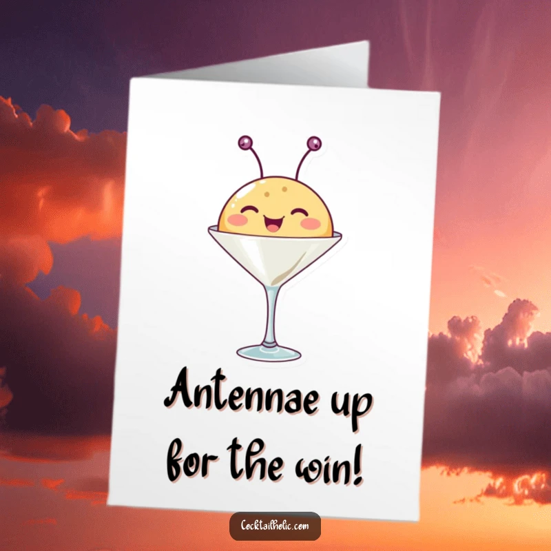 Funny Free Printable Congratulations Card: Happy round creature with wiggling antennae emerges from a martini glass, celebrating success.