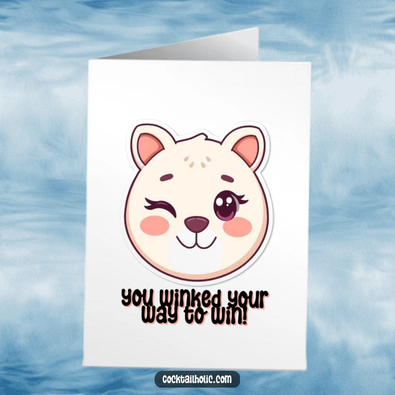 Funny Free Printable Congratulations Card: Round, smiling animal face winks playfully, celebrating a win.