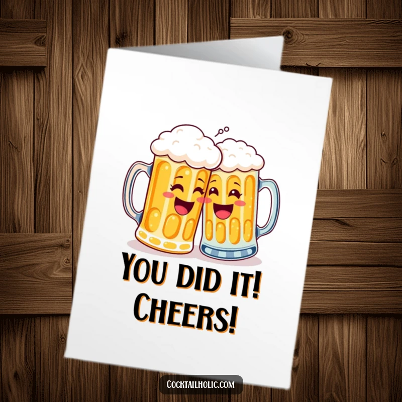 Funny Free Printable Congrats Card: Two cheerful beer mugs with frosty foam attempting a high-five, celebrating success.