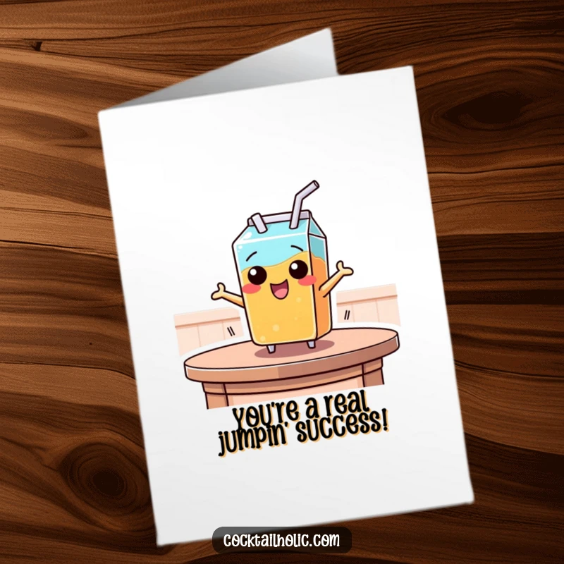 Funny Free Printable Congrats Card: A mischievous juice box with a straw leaping from a table, celebrating success.