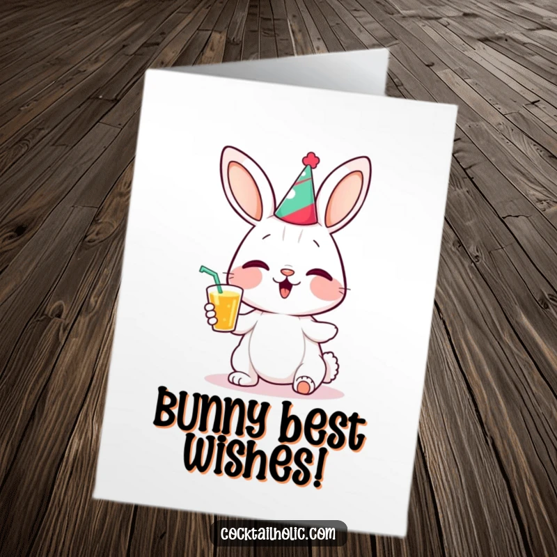 Funny free printable congratulations card: a happy bunny giggles, wearing a party hat and holding a drink.