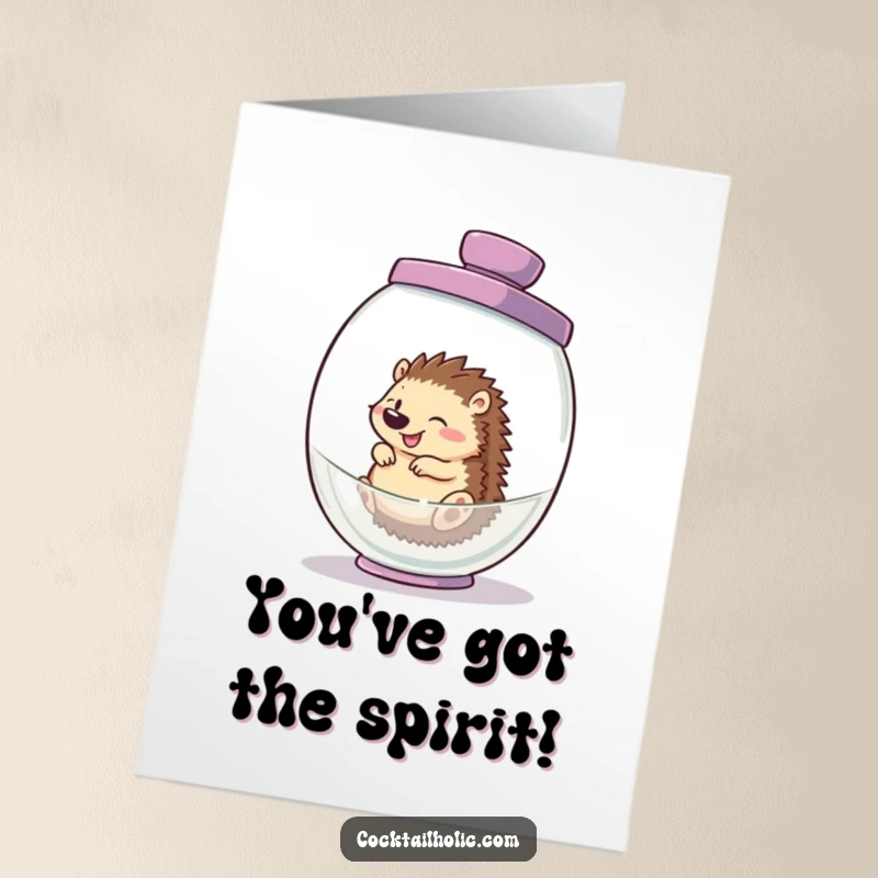 Funny Free Printable Congratulations Card: A giggling hedgehog playfully rolling inside a giant, empty cocktail shaker, cheering success.