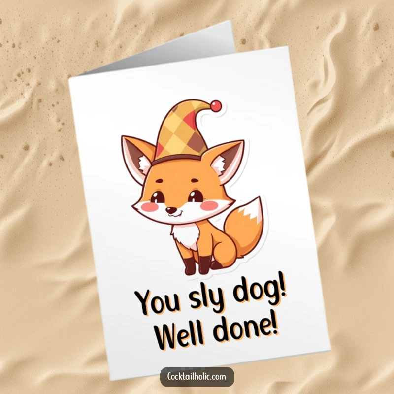 Funny Free Printable Congratulations Card: Adorable fox wearing a jester hat, tipping it with a playful wink.