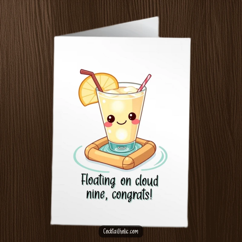 Funny free printable congratulations card: a content kawaii cocktail glass floating on a raft, celebrating a chill achievement.