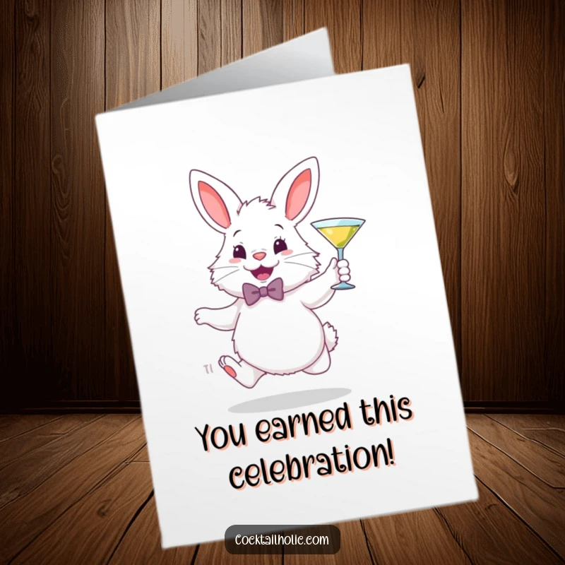 Funny Free Printable Congratulations Card: A fluffy white bunny wearing a bowtie, joyfully holding a miniature martini glass.